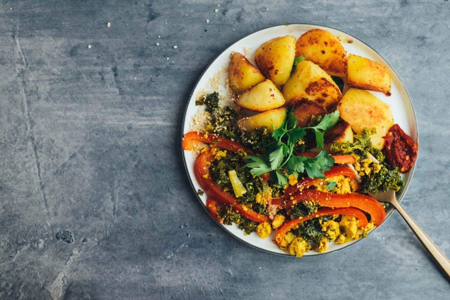 vegan shawarma scrambled tofu with crispy potatoes recipe