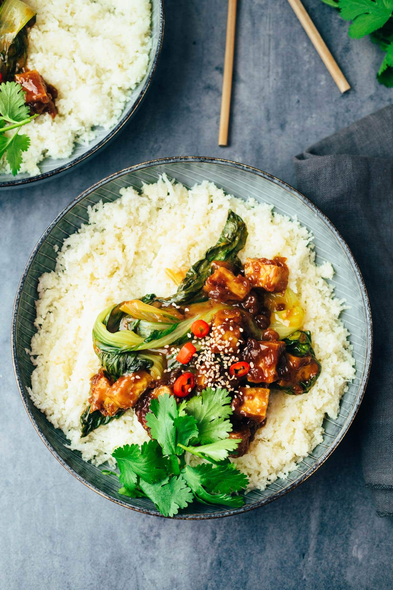 crispy cashew butter tofu with cauliflower rice recipe