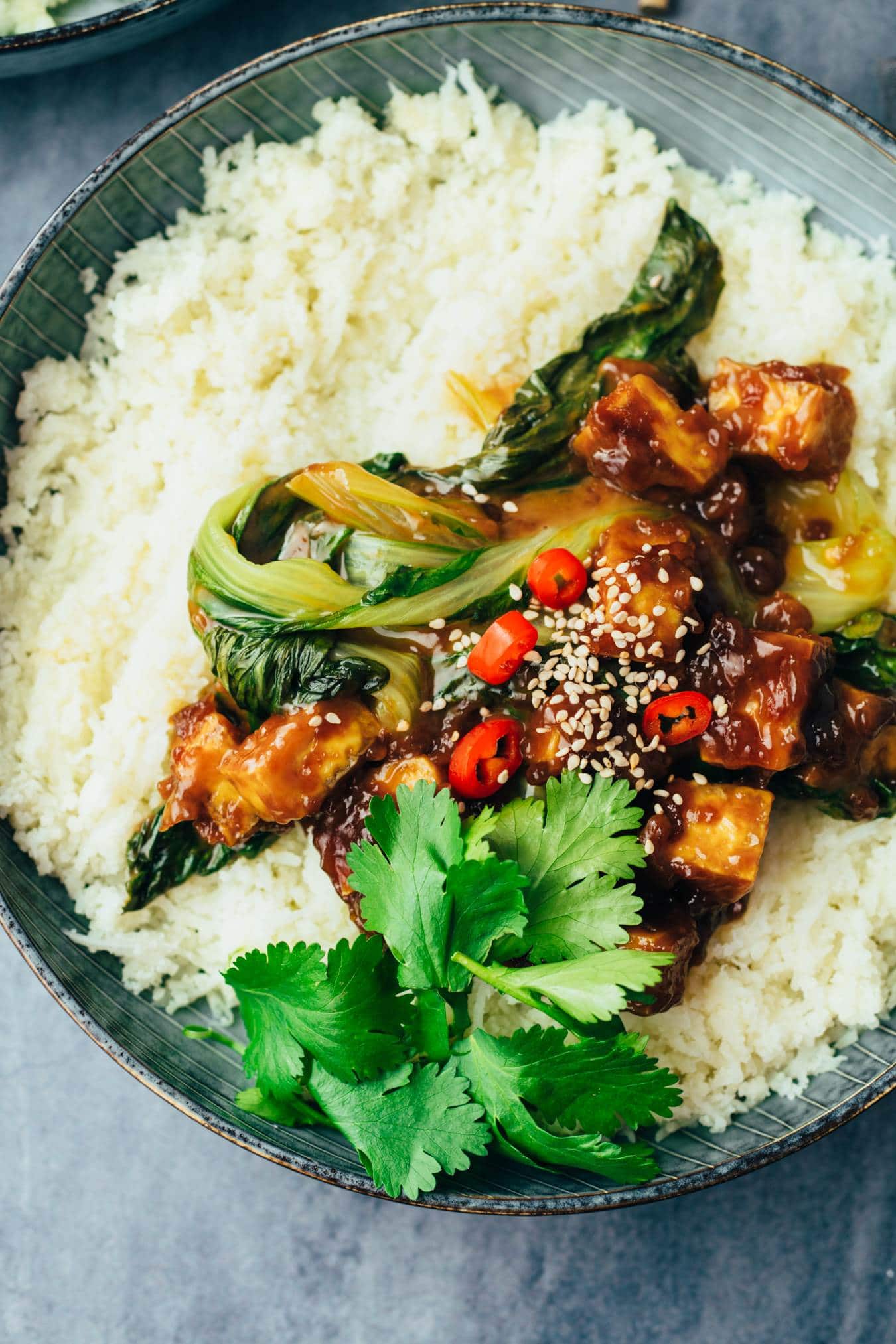 crispy cashew butter tofu with cauliflower rice recipe