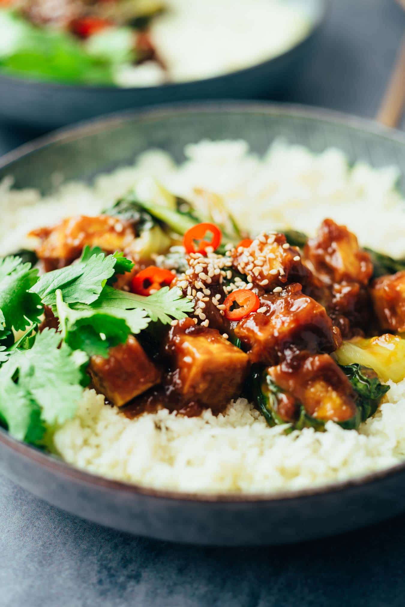 crispy cashew butter tofu with cauliflower rice recipe