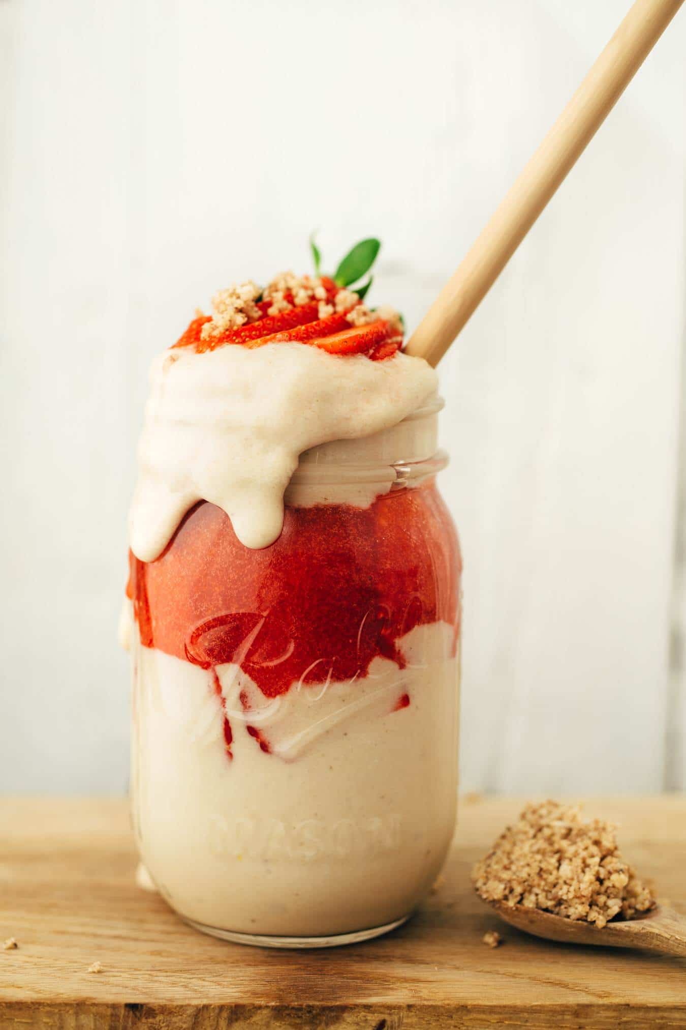 Strawberry protein smoothie with delicious pecan nut crunch recipe