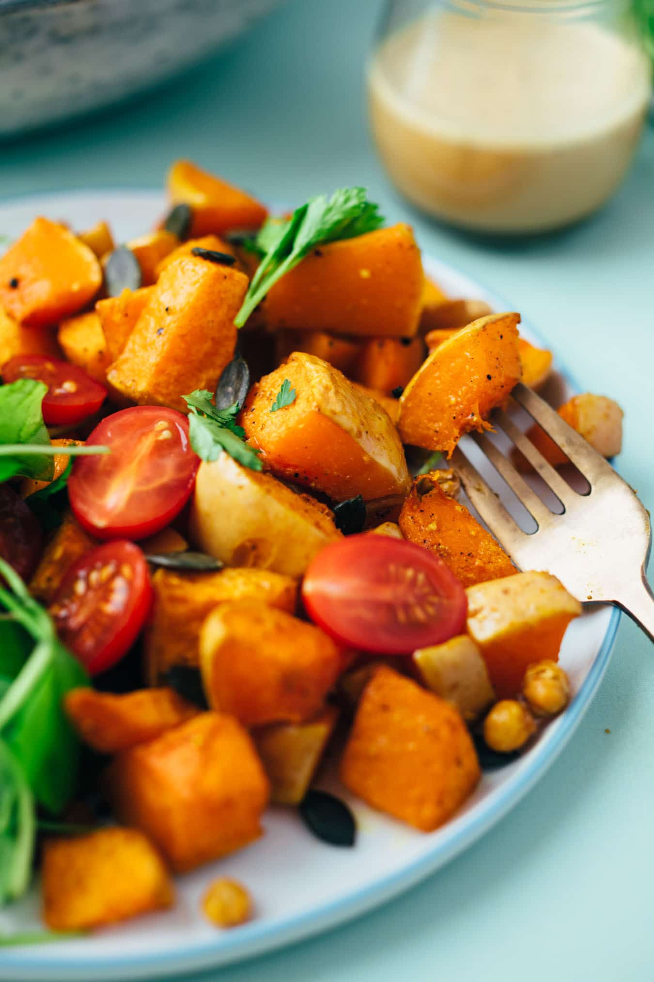 Salad with pumpkin, chickpeas and tahini dressing recipe