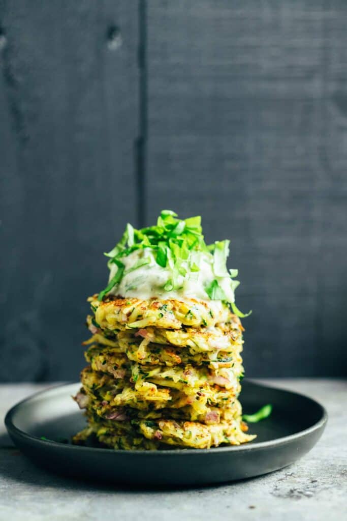 Zucchini potato pancakes with tzatziki