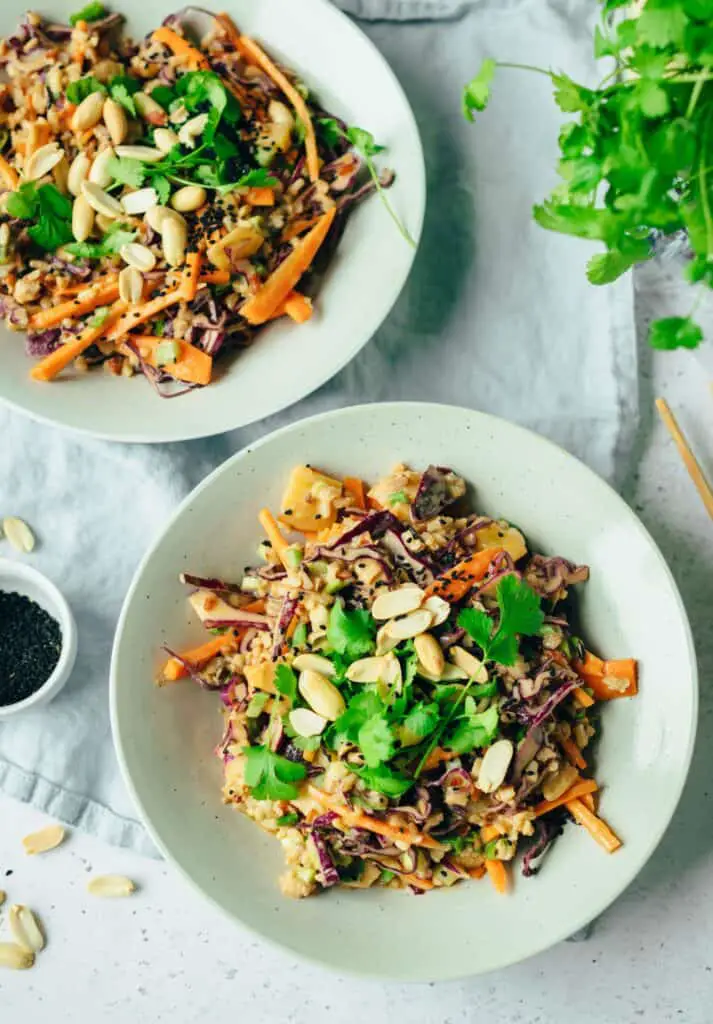 Vegan rice salad with peanut sauce