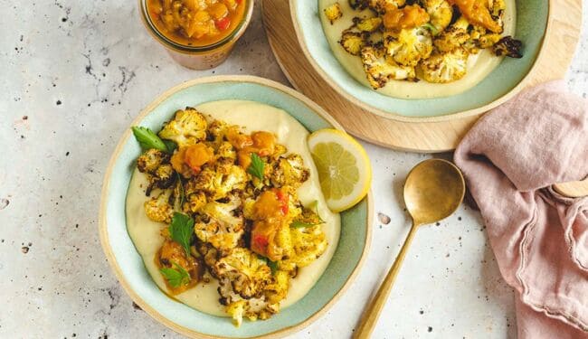 Gerösteter Blumenkohl auf Kartoffelpüree und Mango-Chutney