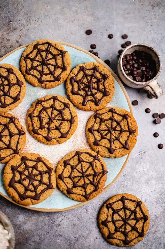 Vegan Halloween cookies with spider web pattern