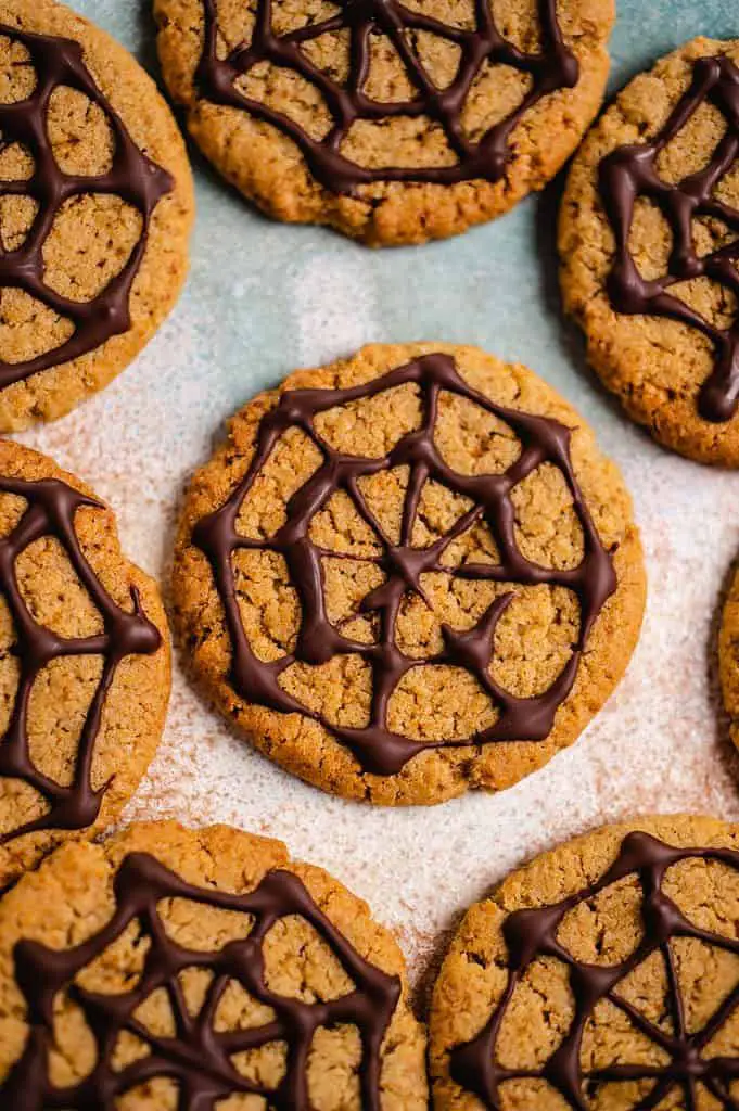 Vegan Halloween cookies with spider web pattern