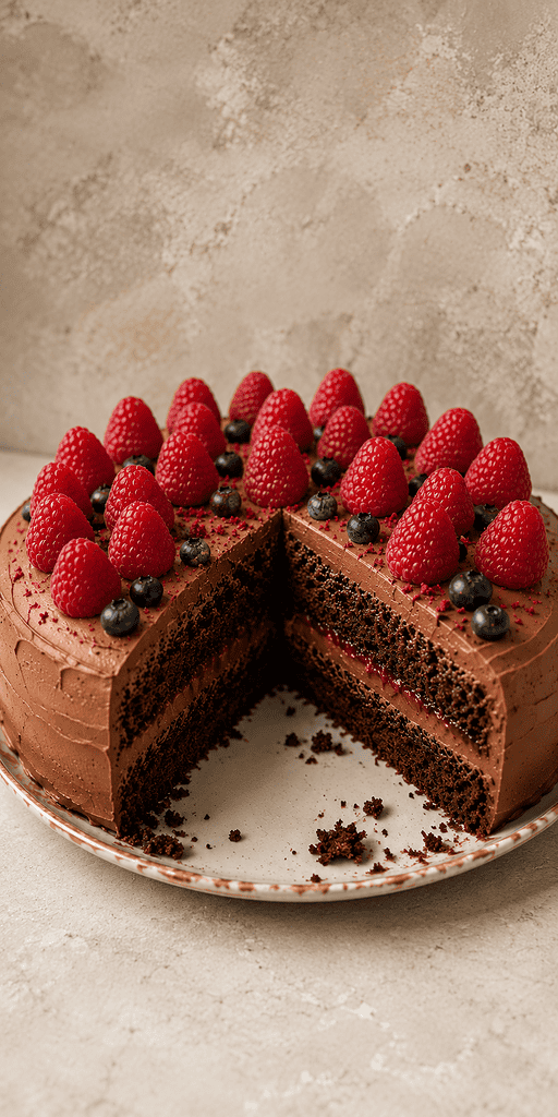 Vegane Schoko-Himbeer-Torte mit frischen Himbeeren und Schokoladenakzenten.