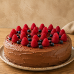 Vegane Schoko-Himbeer-Torte mit frischen Beeren auf einem Teller.