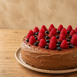 Vegane Schoko-Himbeer-Torte mit frischen Beeren auf einem Teller.