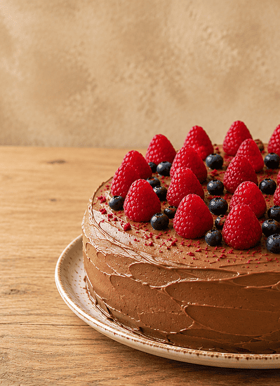 Vegane Schoko-Himbeer-Torte mit frischen Beeren auf einem Teller.