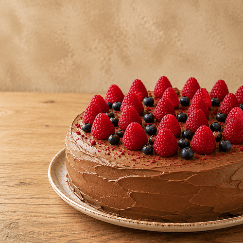 Vegane Schoko-Himbeer-Torte mit frischen Beeren auf einem Teller.