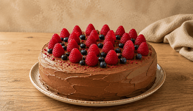Vegane Schoko-Himbeer-Torte mit frischen Beeren auf einem Teller.
