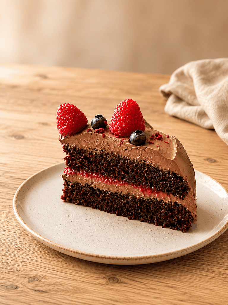 Vegane Schoko-Himbeer-Torte mit Beeren auf weißem Teller.